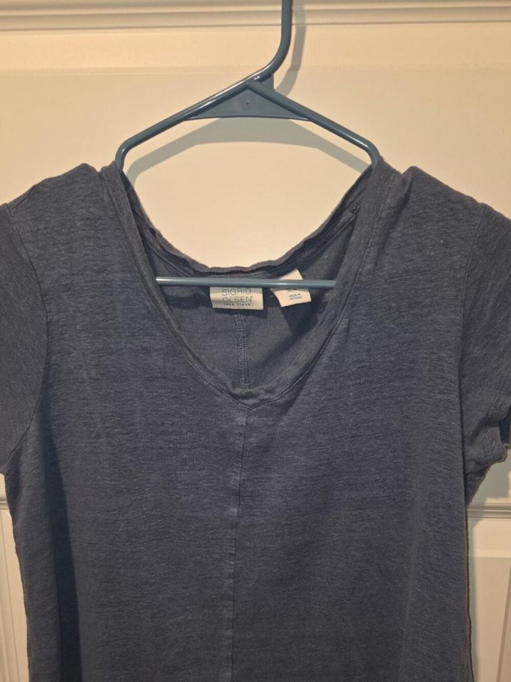 SIGRID OLSEN Slate Blue V-Neck Linen Blend Tee